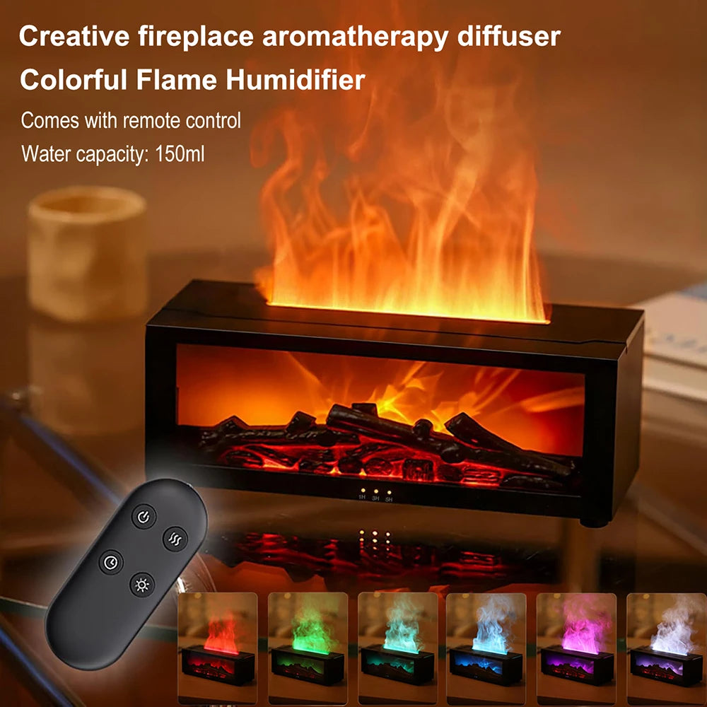 Flame Essential Oil Diffuser, 3D Flame Fireplace Aromatherapy Machine Colorful Humidifier with Remote Control, Fireplace Flame